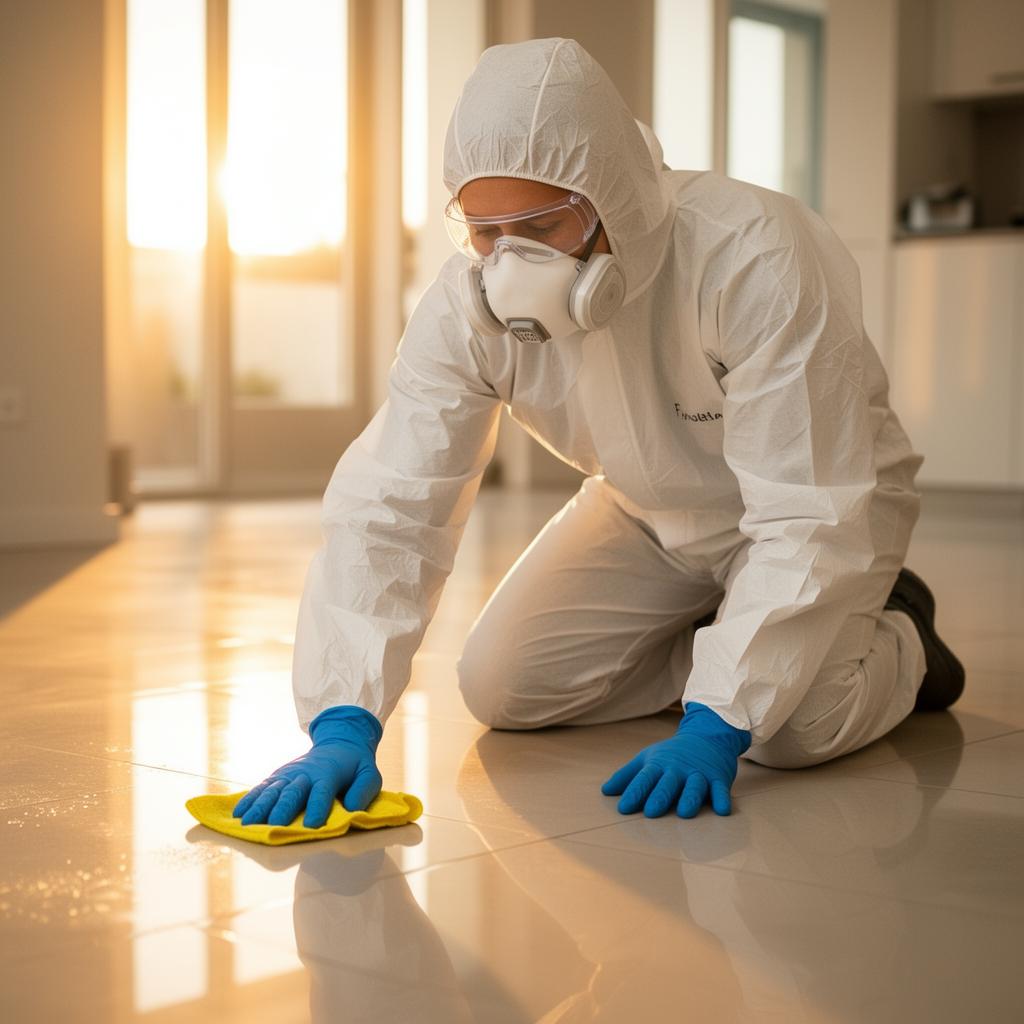 Professional Living Waters technician in clean PPE inside a bright residential home